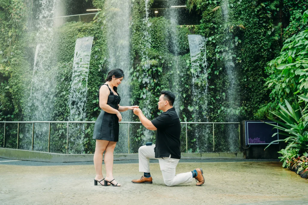 Marriage proposal at Cloud Forest, Gardens by the Bay, Singapore.